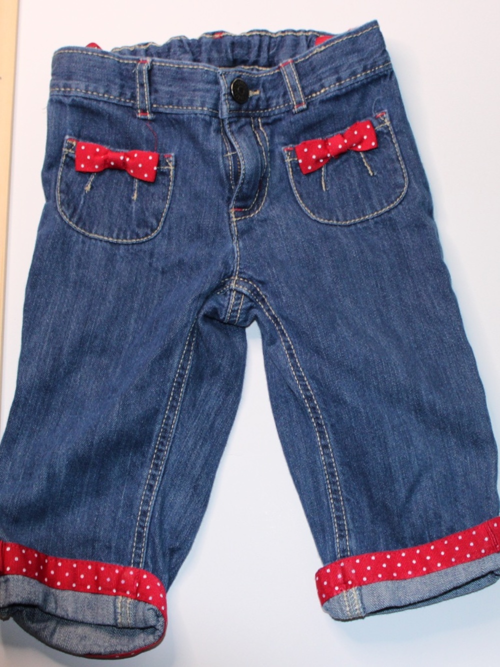 Gymboree Girls 3T Denim Jeans Red Polka Dot Bow Cuffed Pants